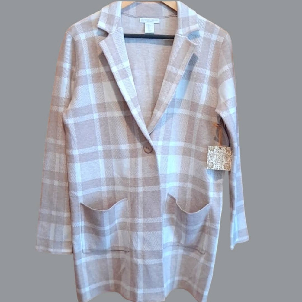 NWT Christian Seriano Tan And Cream Plaid Blazer - Picture 2 of 8